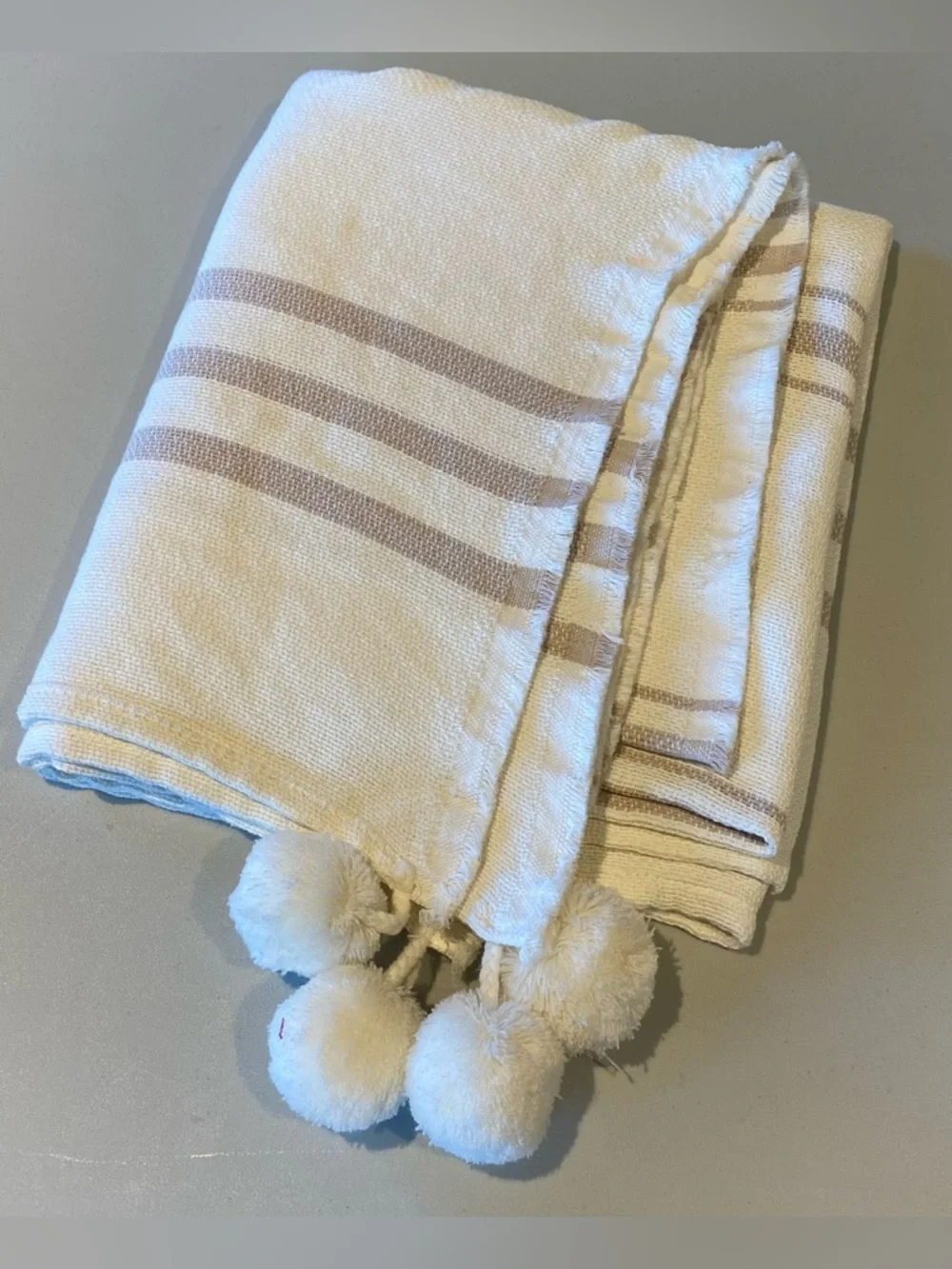 Imani Collective Artisan Made 100% Cotton Throw with Pompoms, Cream and Taupe